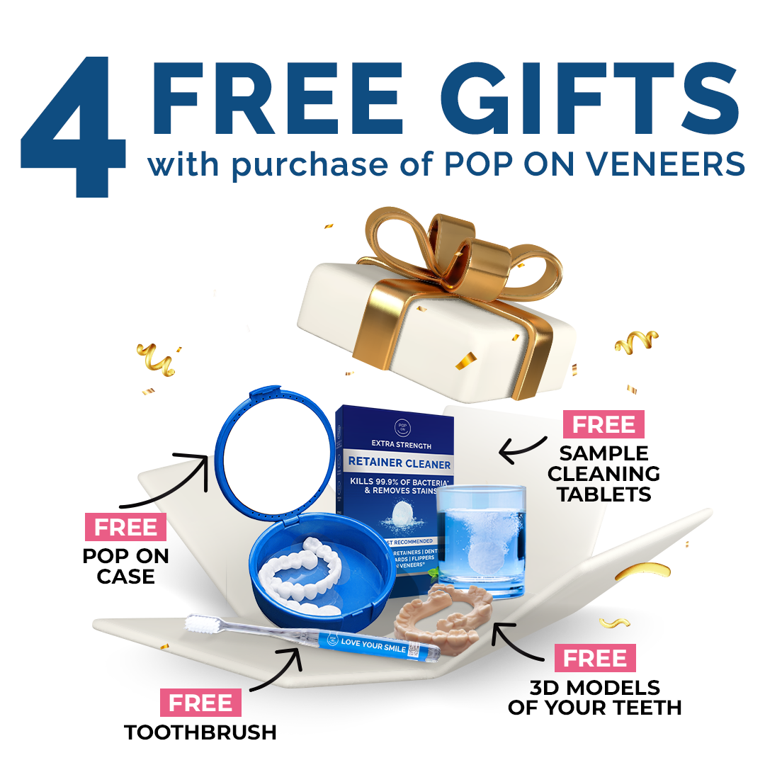 4 free gifts that you get with Pop On Veneers, cleaning tablets, pop on case, toothbrush, 3d models of your teeth