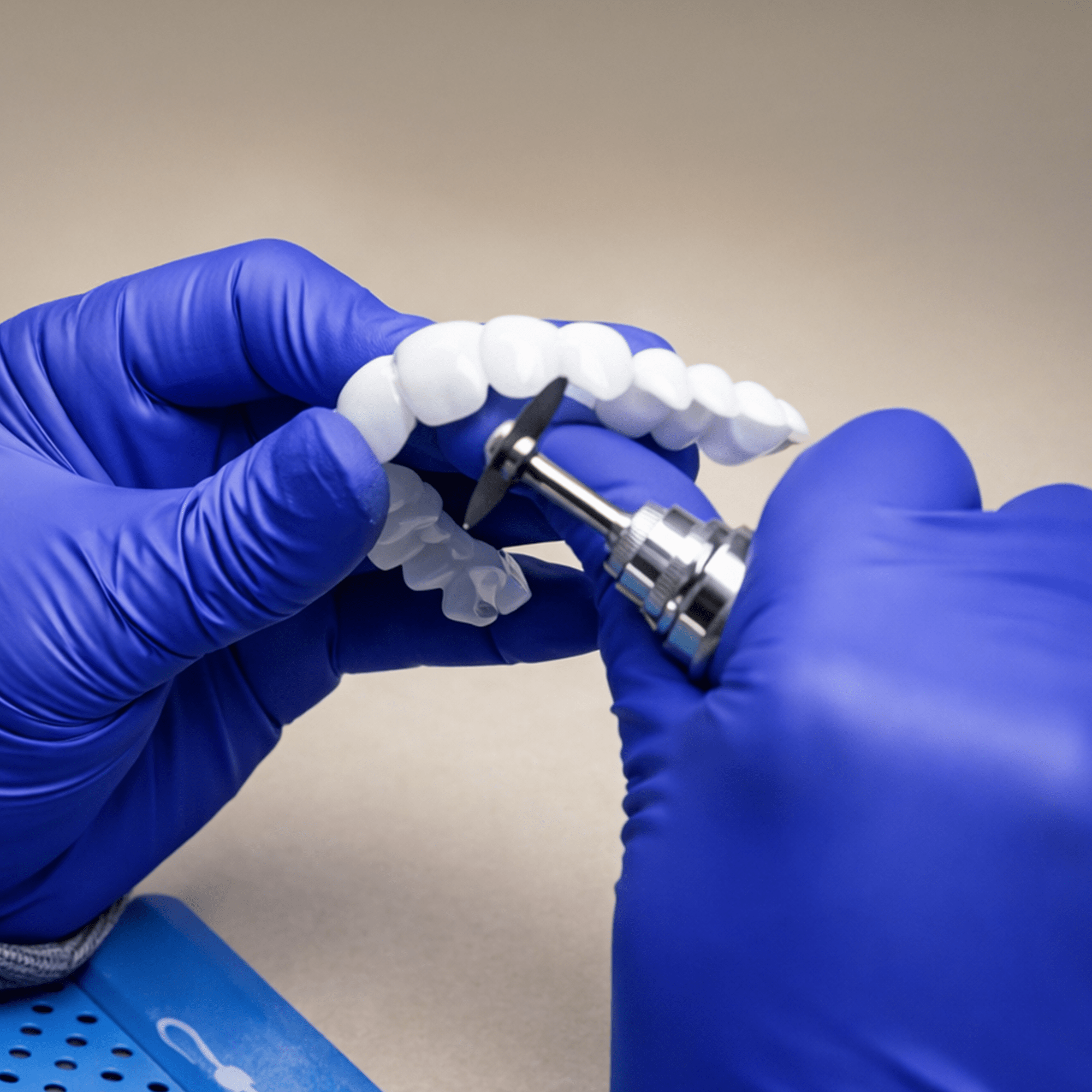 Person wearing blue gloves using dental tool to make Pop On Veneers on a neutral background