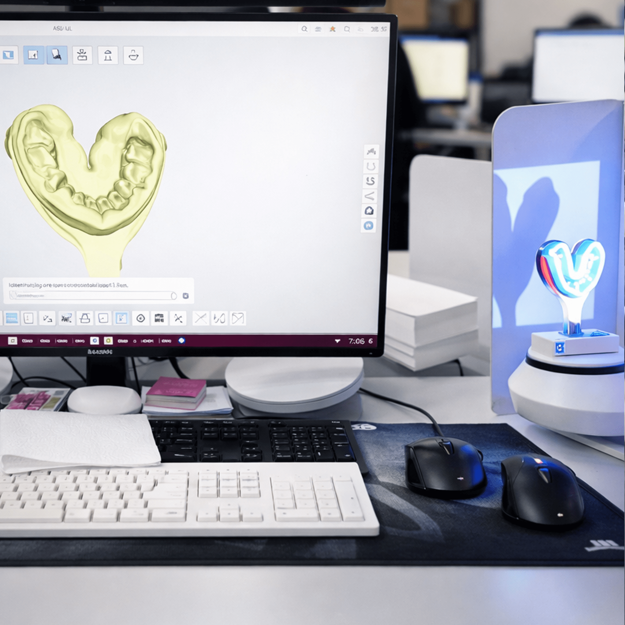 Computer monitor displaying a 3D model of teeth to create a set of Pop On Veneers, with a desk setup including a keyboard and mouse.
