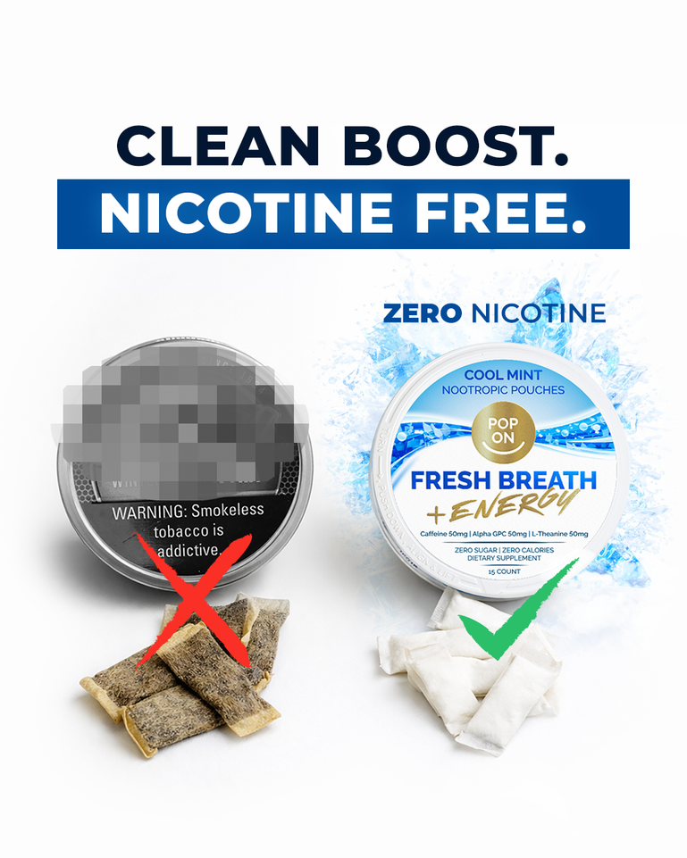Product packaging with 'Clean Boost' and 'Nicotine Free' text, showing a container and pouches on a white background.