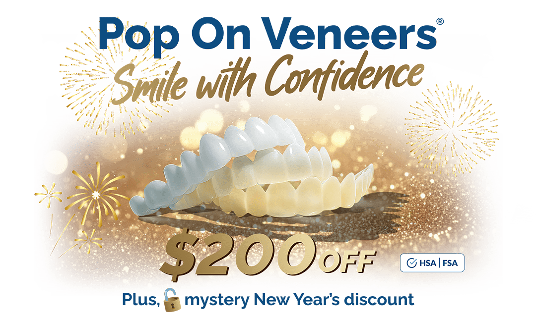 Advertisement for Pop On Veneers with a veneer and promotional text on a gold background.