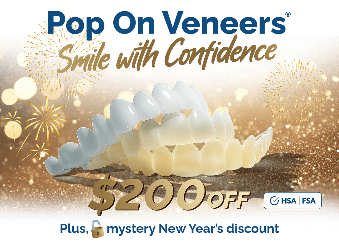 Advertisement for Pop On Veneers with veneers on a golden surface and festive background.