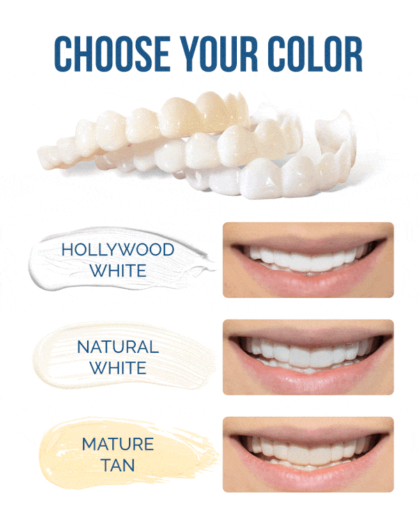 3 different colors of Pop On Veneers, Hollywood white, natural white and mature tan gif