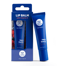 Blue POP ON Lip Balm in Very Berry flavor, shown with its retail packaging box on a white background.