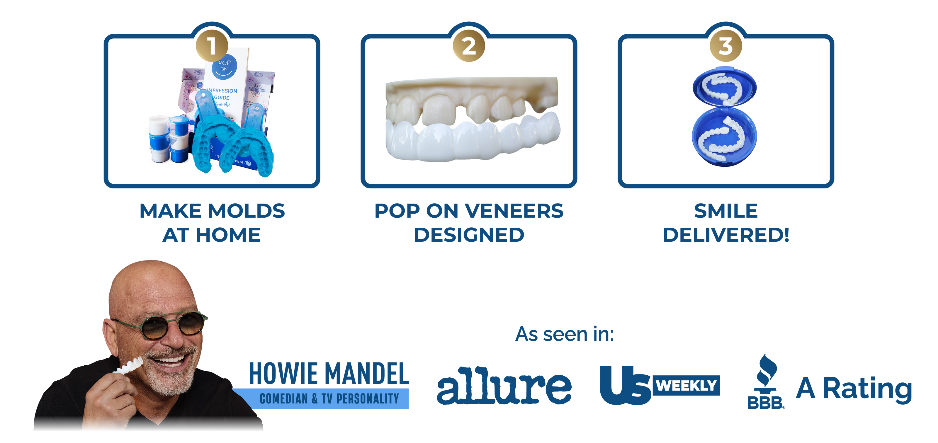 The process of making Pop On Veneers, from the molds to the delivery of the smile. Featuring Howie Mandel and "as seen in" icons